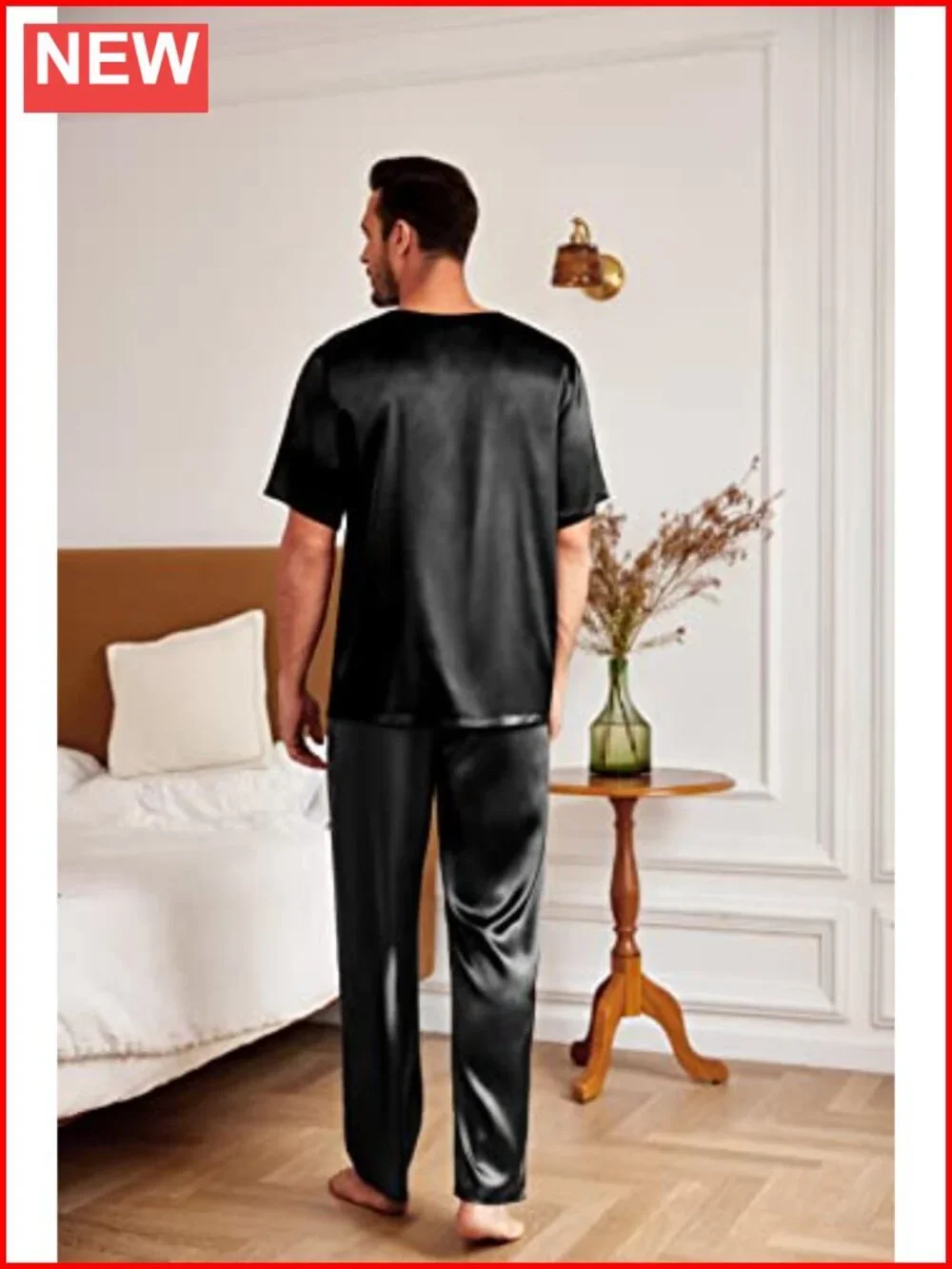 Mens Silk Satin Pajama Set Short Sleeve Sleepwear Loungewear with Long Pants